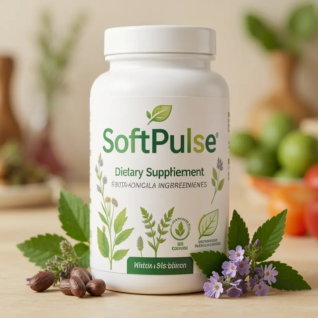 SoftPulse dietary supplement bottle with botanical ingredients